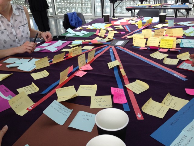 Vue d'un atelier participatif en méthode Agile avec post-it, rubans et dossiers sur une table